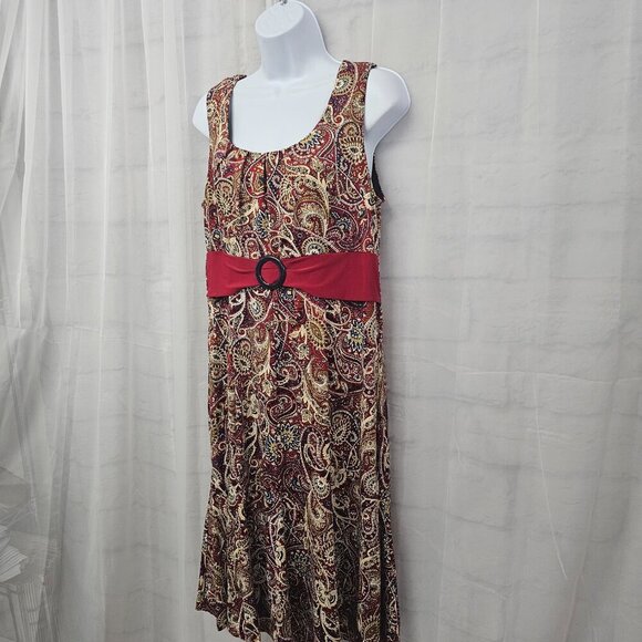Perceptions Red Tan Paisley Midi Dress Sleeveless Boho L - Picture 6 of 12